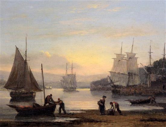 Thomas Luny (1759-1837) Harbour scene at sunset, 10 x 13in.